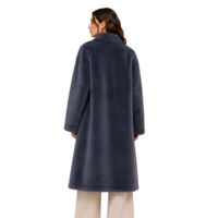 Damen Staubblauer Kunstpelz Langer Mantel Stehkragen Strass-Blumenknopf Loser Maxi-Wintermantel Luxuriöse Oberbekleidung Akzeptiert Kleine Mindestbestellmenge
