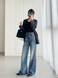 YUANBOFEI Celana <span class=keywords><strong>Jeans</strong></span> Denim Wanita Model Boyfriend Pinggang Tinggi, Lengan Lebar, Biru, Lurus, Kasual, Ramah Lingkungan, dan Bernapas - Product Image 2