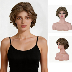 Peluca de Cabello Sintético Corto Estilo Bob para <span class=keywords><strong>Mujer</strong></span>, Color Castaño Claro <span class=keywords><strong>Natural</strong></span>, Estilo en Capas, Sin Pegamento, para Uso Diario, Fiestas y Disfraces - Product Image 1
