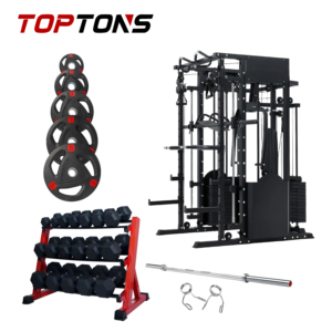 TOPTONS Gym Fitness Equipment Set Smith Machine with Adjustable Weight Bench Barbell Bar Weight Plates Hex Dumbbell for Home Gym