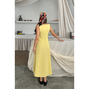 Vestido de lino sin mangas con cuello cuadrado, amarillo S, ajuste informal - Product Image 1