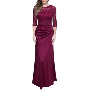 Giyim üreticisi 2020 özelleştirilmiş yuvarlak boyun dantel kollu uzun akşam elbise