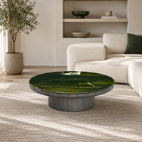 Table basse moderne en pierre exotique verte ronde et grande avec base en bois, meubles de salon, décoration de hall d'hôtel