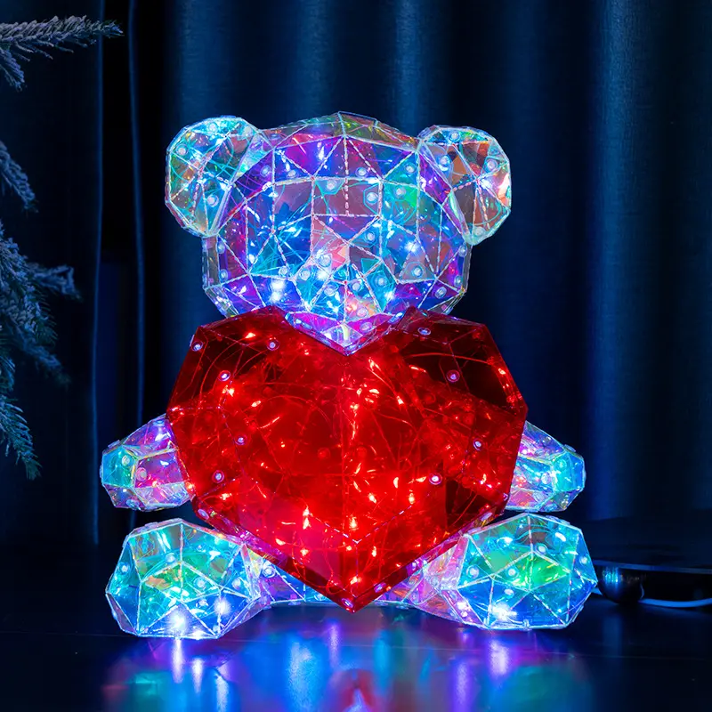 2023 Valentines Moeder Dag Cadeau Kristal Diamant Kleurrijke Holografische Folie Led Gloeiende Led Licht Teddybeer Met Usb Oplaadstekker