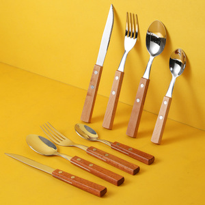 304 Factory Wholesale Beech Wood <strong>Handle</strong> Stainless Steel Tableware 4-piece Set Camping Western Style Steak Knife, Fork, Spoon - Product Image 6