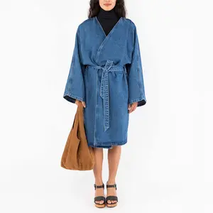 कस्टम फैशन कूल कोट के साथ कमर फीता डेनिम कपास आकस्मिक ढीला शैली लंबे कोट जैकेट महिलाओं के लिए