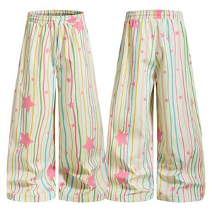 Pantalon large pour femme, rayé, imprimé étoiles roses, coupe ample, taille haute élastique, décontracté, été, longueur complète, tissé - Product Image 2