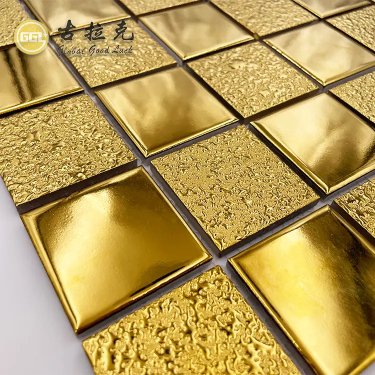 Square Glitter Metallic Golden Select Mosaic Wall Tile With Dots Ceramic Bathroom Tiles Mozaik Gold Color