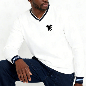 เสื้อยืดแฟชั่นคุณภาพสูงสไตล์รักบี้ แบบสปอร์ต ลำลอง แขนยาวทรงแร็กแลน ลายทางเบสบอล คอวี สำหรับผู้ชาย - Product Image 4