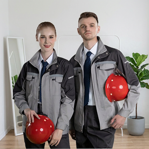 Chaqueta de Trabajo Unisex de Poliéster, Protectora y de Seguridad, Gris y Negra con Soportes para Casco Rojos, para Mecánicos y Soldadores - Product Image 1