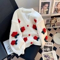Pulls en tricot à manches longues pour femmes avec fleurs 3D personnalisées, colorés, tricot intarsia, broderie, cardigan en crochet pour femmes