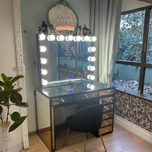 आधुनिक बेडरूम वैनिटी मेकअप डेस्क स्टॉक में आधुनिक बेडरूम वैनिटी मेकअप डेस्क स्टॉक ग्लास दराज के साथ ग्लास ड्रॉअर टेबल सेट - Product Image 6