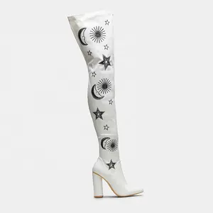 Print Star Bloem Vinyl Chunky Hak 2020 Nieuwe Collectie Over De Knie Schoenen Mode Dij Hoge Vrouwen Laarzen