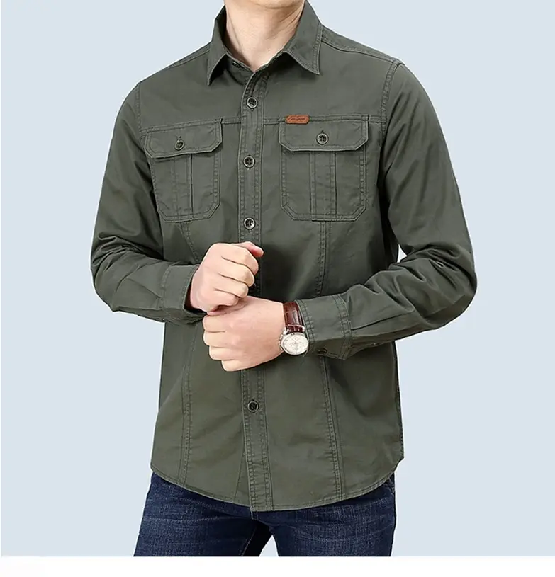 2022 Customized men's cotton shirt jacket with long sleeves and two patch pockets100% Cotton Shirts for Men