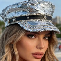 En stock Chapeau de capitaine de luxe unisexe avec écusson étoile en paillettes argentées et strass, idéal pour le festival Burning Man, la plage, les activités de plein air et les fêtes