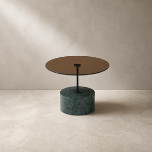 <span class=keywords><strong>Tavolino</strong></span> da Caffè Scultoreo Rotondo Moderno in Marmo Verde Naturale Indiano con Base Cilindrica in Bronzo e Piano in <span class=keywords><strong>Vetro</strong></span> Fumé di Lusso Personalizzabile - Product Image 2