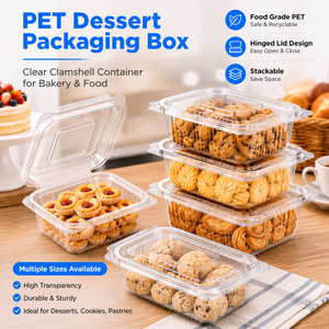 Caja de embalaje transparente de PET tipo clamshell con tapa abatible para postres, contenedor de alimentos para panadería, galletas, pasteles y repostería. - Product Image 1