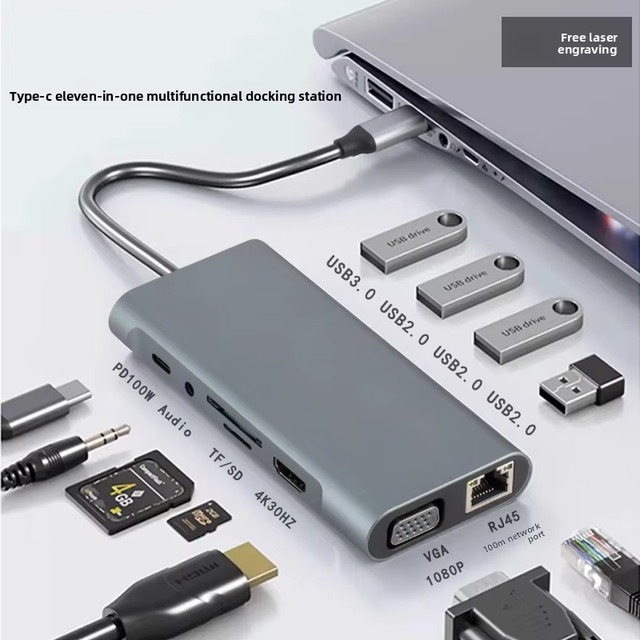 Type-C 11-in-1 Hub Docking Station with for 4K VGA Network Card Multi-Port Adapter-Aluminum Alloy Expansion