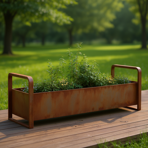 Fioriera regolabile in acciaio anticato con braccioli, vaso da esterno effetto ruggine per giardino, design quadrato marrone - Product Image 2