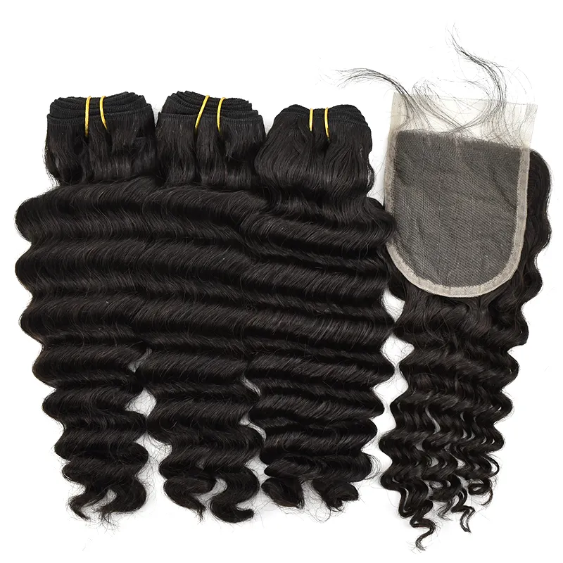 Thick End Double Drawn Virgin Deep Wave Bundles With Closure Brazilian Hair