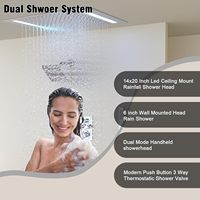 Système de douche thermostatique double à effet pluie avec robinetterie chromée pour hôtel, avec tête de douche LED 14x20 pouces à montage au plafond, tête de douche murale de 6 pouces et douchette à valve