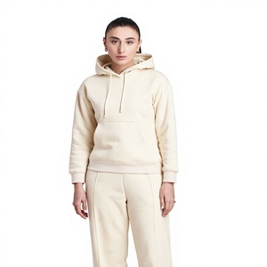 <b>Women</b> <b>Cream</b> Hooded Sweatshirt Set Cotton <b>Fleece</b> Solid Color Casual Autumn Wear With Pockets Regular Fit - Product Image 1