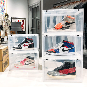 Hot Selling Side Open Door Steady Stacking Custom Logo OEM Black Sneakers Plastic Black Shoe Box Shoe Storage Boxes