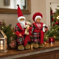 Ensemble de figurines en peluche rétro Père Noël et Mère Noël, 18 pouces, polyester, Père Noël et Mère Noël debout Poupées en tenues à carreaux pour cheminée ou table