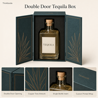 Boîte cadeau personnalisée pour tequila, double porte, en carton rigide, avec insert ajusté pour une seule bouteille et décorations en cuivre.