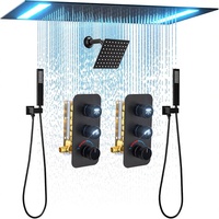 Set Doccia in Ottone a 3 Maniglie con Soffione a Pioggia LED 14x20 Pollici, Valvola a Doppia Icona Luminosa, Finitura Nero Opaco
