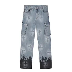 High Street Retro Croce Graffiti Sciolti Direttamente Jeans degli uomini di Hip Hop Hiphop Multi-tasca Dei Pantaloni Casuali