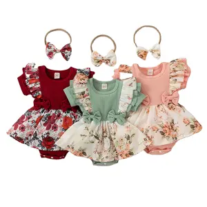 Summer Lace Floral Print Fungus Edge Short Sleeve Bow Skirt Cotton Baby Girl Rompers