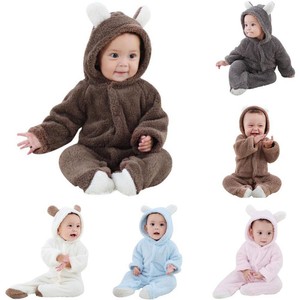 Combinaison pour bébé en polaire corail à capuche et manches longues, tenue mignonne et chaude pour tout-petits, marron avec oreilles, automne-hiver - Product Image 3