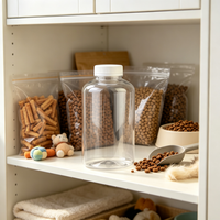 Pot en plastique transparent à large ouverture de 700 ml avec bouchon à vis moleté vertical blanc pour l'emballage de friandises pour animaux de compagnie et d'aliments secs