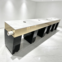 Station de travail pour ongles 5 places avec plateau en stratifié marbré, filtration d'air, accents dorés, prises électriques - Mobilier de salon