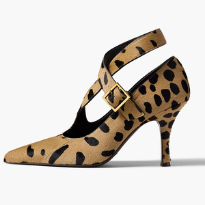 <span class=keywords><strong>Scarpe</strong></span> da Donna con Tacco a Spillo, Punta Affusolata, Cinturino Largo Incrociato in Pelo di Cavallo Leopardato e Fibbia Dorata, Vendita all'Ingrosso OEM - Product Image 1