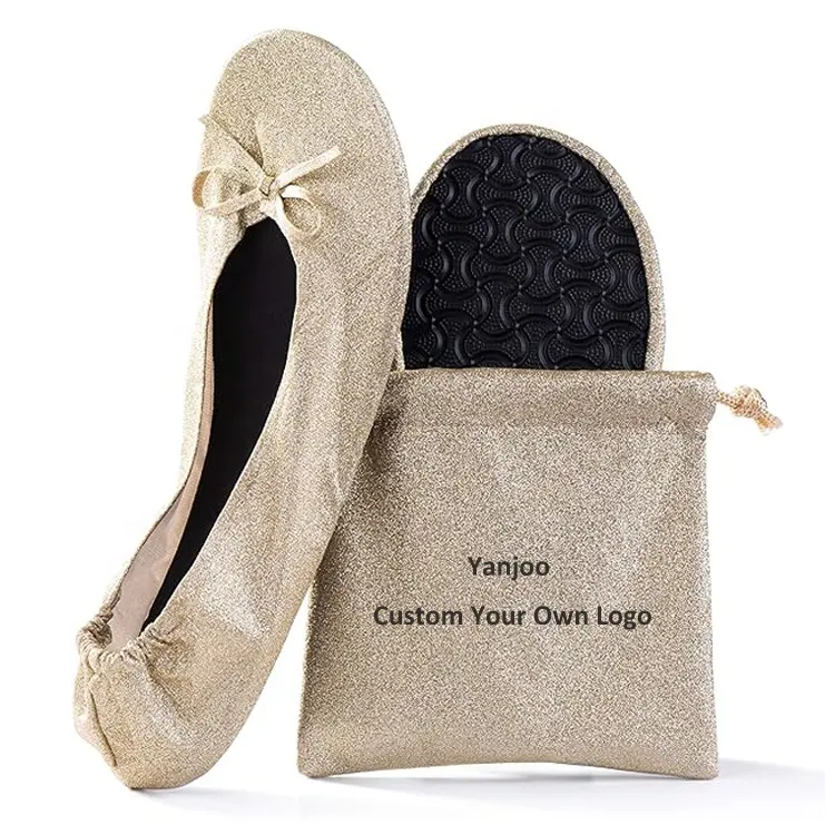 Custom Logo Small Moq Women's Wedding Shoes Glitter Foldable Ballet Flat Portable Travel Roll Up Shoes with Pouch