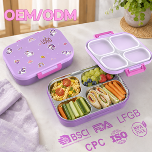 Boîte à lunch bento en acier inoxydable, 4 compartiments, anti-fuite, compatible lave-vaisselle, couvercle amovible en plastique, design rectangulaire mignon pour tous - Product Image 1