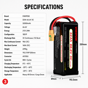 حزمة بطارية ليثيوم أيون شبه صلبة عالية الكثافة 6S 18S 320wh/kg 32000mah قابلة للتخصيص من المصنع لطائرات الشحن بدون طيار - Product Image 2