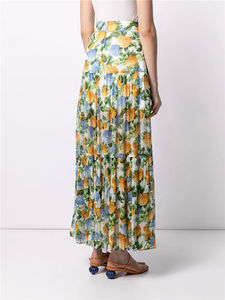 2022 Summer Womens Custom Elegant High Waisted Long Viscose Multi Color Floral <strong>Pleated</strong> Slit <strong>Maxi</strong> <strong>Skirts</strong> - Product Image 2