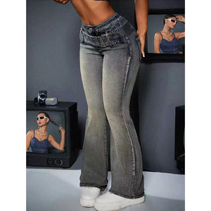Jean en denim micro-évasé moulant taille basse amincissant et rehausseur de fesses pour femmes européennes et américaines, extensible, effet pêche, pantalon long - Product Image 3
