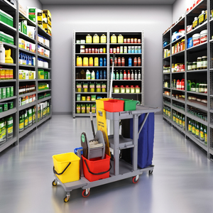 Janitorial Cart With 3 Shelves Partially Enclosed <b>Plastic</b> Frame 4 Swivel Casters Built-In Shelf Red <b>Bucket</b> Included - Product Image 6