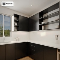 Meuble de cuisine laqué noir, aménagement contemporain en U, rangement par tiroirs, livraison en kit et boîtes de rangement en contreplaqué