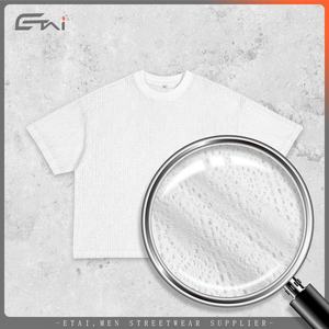 T-shirt unisexe en coton à col rond pour homme, dentelle à manches courtes, blanc, coupe carrée, impression de logo personnalisé, tissu tricoté côtelé surdimensionné délavé - Product Image 3