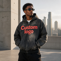 Sweat à capuche zippé RAMAX 500 GSM épais avec logo personnalisé, impression rouge en relief, délavage acide, coupe carrée courte, style streetwear, vente en gros, usine OEM