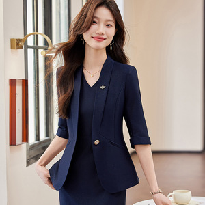Women's Suit Set Collarless Jacket Midi Skirt Three Quarter Sleeve Polyester Anti-Wrinkle Office Lady Style - Product Image 3