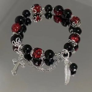 Pulseira Criativa Personalizada com Contas, Pingente de Cristal Vermelho e Pluma, Nova Pulseira Vintage para Mulheres, Acessórios de Corrente Elástica com Contas - Product Image 1