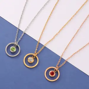 Stainless Steel Round Circle Hollow 12 Month Charm Birthday Present Filled 18K Gold Plated Birth Stone Necklace Jewelry 18K