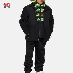 GDTEX personalizzato Vintage in pile nero con cappuccio e cerniera tascabile giacca e pantaloni in taffetà set 2 pezzi set abbigliamento per bambini