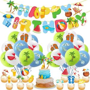 Décorations de fête d'été sur le thème hawaïen : Ensemble de ballons et décorations de gâteau pour anniversaire, piscine et vacances à la plage - Product Image 1